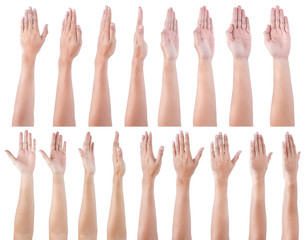 Obraz premium GROUP of Male asian hand gestures Full turn view isolated over the white background.