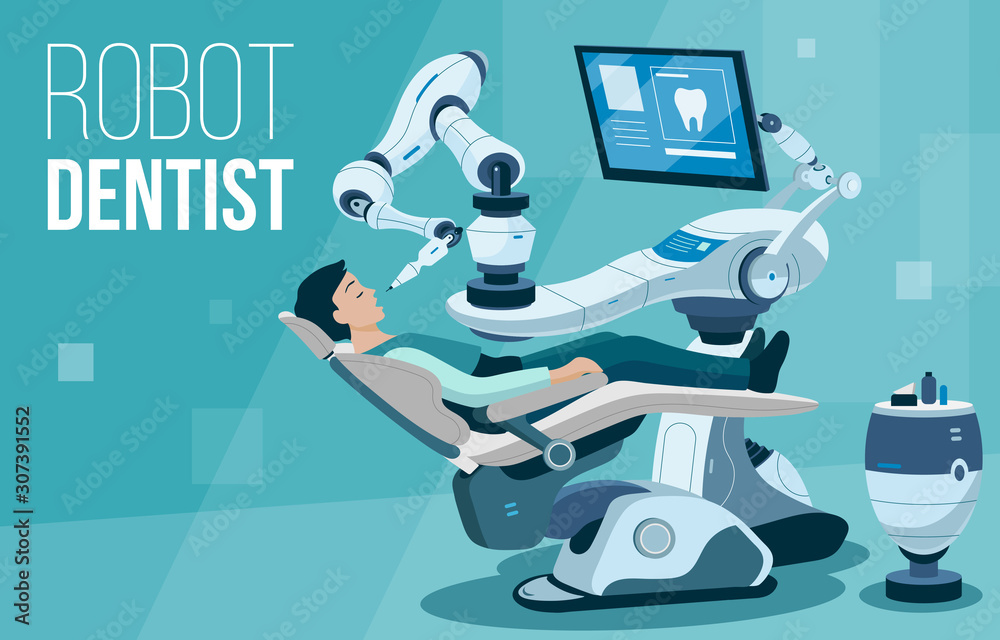 Poster colourful flat vector illustration of robot dentist