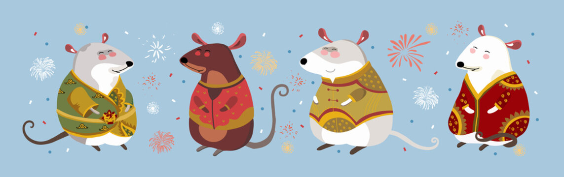 Happy chinese new year! 2020 is the year of the rat. Vector cute illustration of asian mice for the holiday. Isolated mouse for card, background or poster.