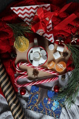 christmas candy, cup with marshmallows and decorations