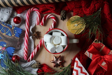 christmas candy, cup with marshmallows and decorations