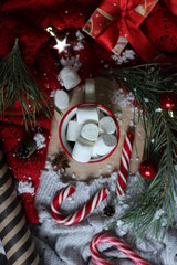 christmas candy, cup with marshmallows and decorations