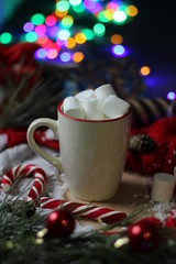 christmas candy, cup with marshmallows and decorations