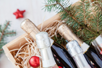 Fototapeta na wymiar champagne box Christmas tree and Christmas decor