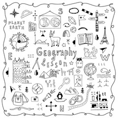 Symbols and drawings for a school geography lesson, set on a white background. Hand drawn vector doodle line illustration. Globe, world map, animals, signs, schemes. Design of cover, banner. © Наталья Матюшина