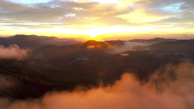 Aerial dramatic sunrise by drone at TEA Plantation, Sg. Palas, Cameron Highlands, Pahang. Malaysia.