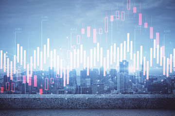 Fototapeta na wymiar Forex graph on city view with skyscrapers background multi exposure. Financial analysis concept.