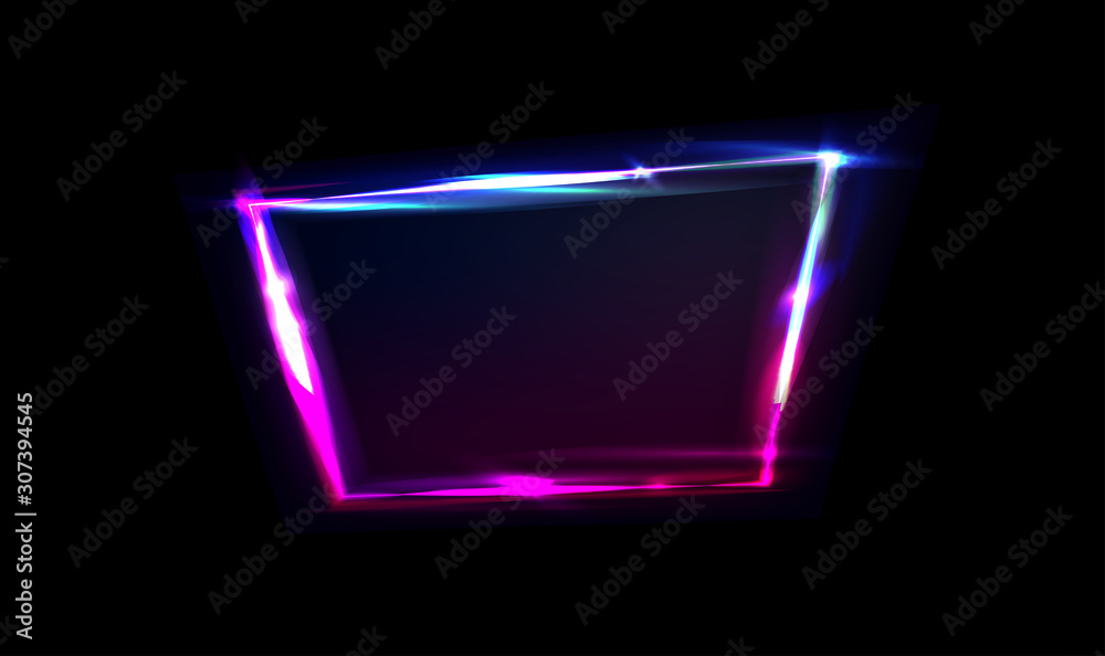 Wall mural Neon frame with glow, sign and light background. Night club signboard with empty space for logo or text. Vector illustration, poster, banner for night party. Glitch and neon light effect, glare.