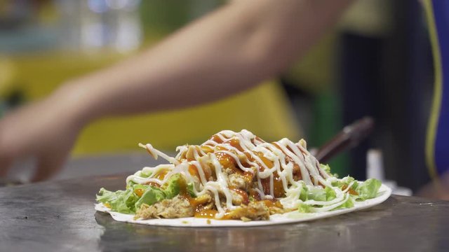 fast food and cooking concept - chef hands making meat salads shavings and adding mayonnaise at kebab shop. Restaurant, Street Food quality. B Roll Scene footage.