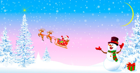 Santa Claus and snowman welcomes Christmas. Santa on a sleigh with deers welcomes. Snowman in a hat welcomes. Christmas tree. Star in the sky. Snowy forest. Santa and snowman on the background of fir 