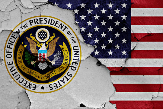 flags of Office of Management and Budget and USA painted on cracked wall