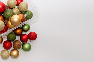 Christmas balls in a plastic transparent boxes ready to decorate a Christmas tree