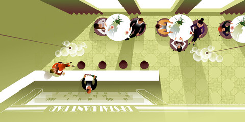 Modern restaurant interior design top view. Vector mockup for a layout landing page or design advertising banner.