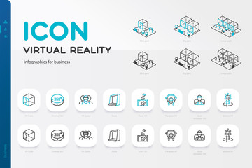 Virtual reality icon set in thin line style. Virtual Reality gaming Icons. Included the icons as VR, game, simulator, futuristic, screen, view and more.Vector illustration. 