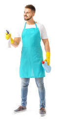 Male janitor on white background