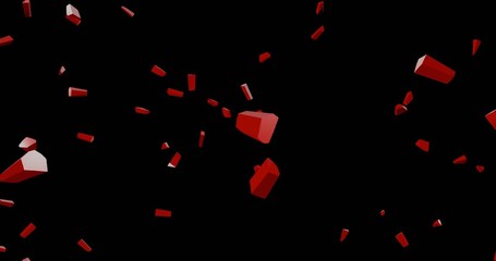 3d animation. On a black background, a red heart breaks into many small pieces and scatters to the sides.