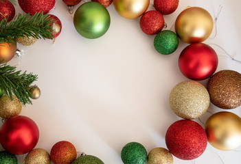 Christmas balls baubles on a light background. Empty space for text input