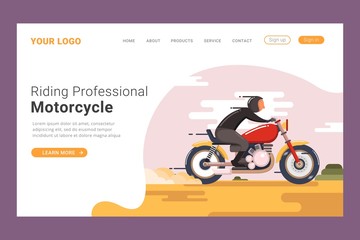 Riding motorcycle landing page template design concept vector illustration