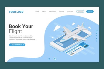 Flight ticket online booking landing page template design concept vector   illustration