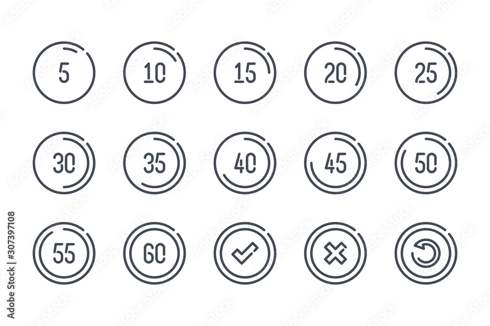 Poster timer and timepiece related line icon set. five second time interval linear icons. stopwatch and tim