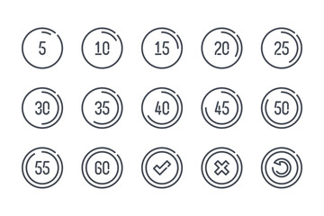 Timer and timepiece related line icon set. Five second time interval linear icons. Stopwatch and time measurement outline vector sign collection.