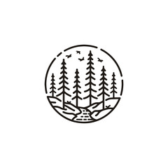 Evergreen Pines Fir Conifer Hemlock Tree Forest and Creek River for Mountain Hill Camp Adventure Vintage Retro Hipster Logo