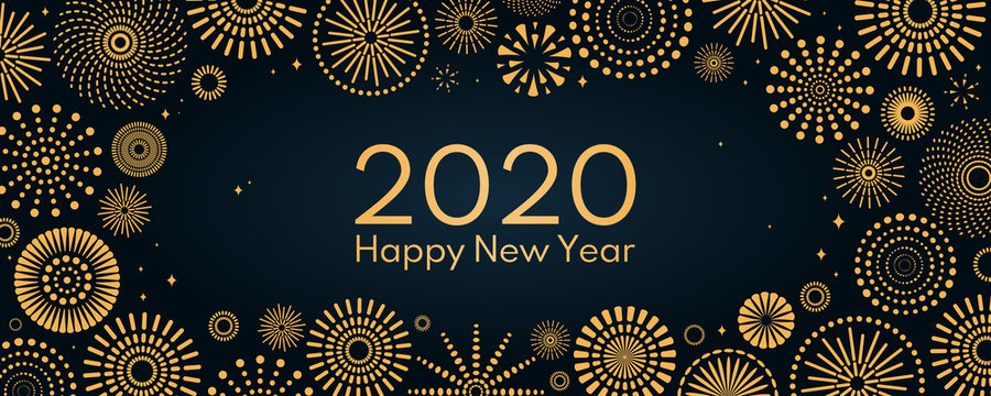 Vector illustration with bright golden fireworks on a dark blue background, text 2020 Happy New Year. Flat style design. Concept for holiday celebration, greeting card, poster, banner, flyer.