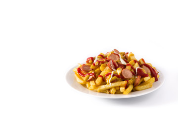 Typical Latin America Salchipapa. Sausages with fries, ketchup, mustard and mayo  isolated on white background. Copy space