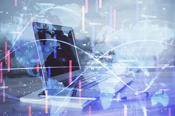 Multi exposure of business theme icons and work space with computer background. Concept of success.