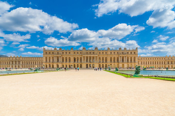 Beautiful panoramic view of the west facade of Versailles palace from the Water Parterre with two...