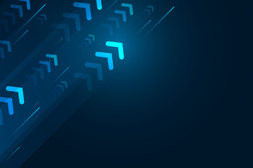 Light arrow up with speed line on blue background, copy space composition, digital speed technology concept.