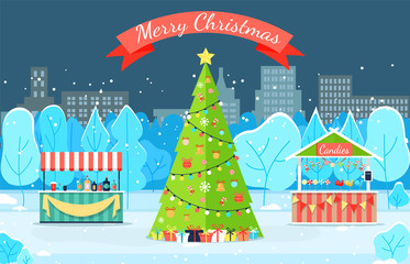 Merry Christmas greeting card with fir-tree decorated by garland in winter park. Dark view of city with traditional Xmas wood and fair tent with gift bow on snowy land near trees and buildings vector