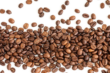 Black arabica, robusta coffee beans isolated on white background with copyspace for text/ Selective focus
