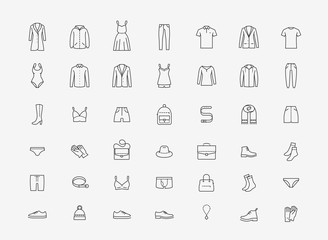 Fototapeta premium Clothing icon set in linear style. Fashion vector illustration