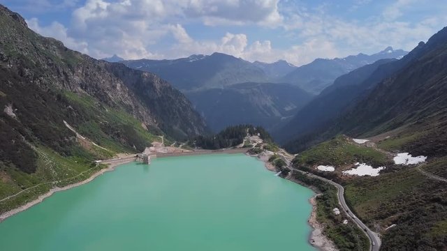 Aerial view of Vermunt Reservoir (Vermuntsee or Vermuntstausee) lake on Silvretta-Bielerhohe High Alpine Road in Vorarlberg, Austria.