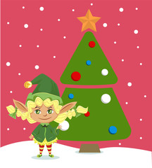Elf girl decorating Christmas tree for celebration. Happy dwarf and New Year, fairy tale character in green costume. Santa helper with toy ball, fairy tale character decorating fir vector illustration