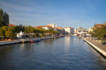 Water channel in the city. Colorful Aveiro. Portugal. Summer time
