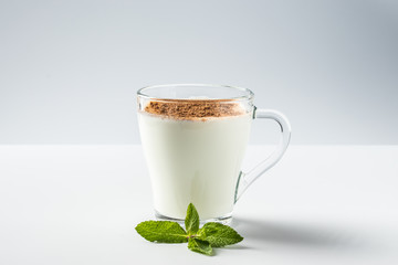 kefir in a glass, fermented drink, sour milk, with cinnamon