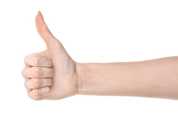 Female caucasian hands  isolated white background showing  gesture thumb up, approval.  woman hands showing different gestures