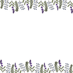 Cute frame of flowers in doodle style on a white background. Simple lavender and blue flowers. Vector stock illustration.