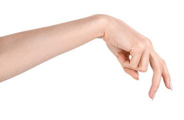 Female caucasian hands  isolated white background showing  various finger gestures. woman hands showing different gestures