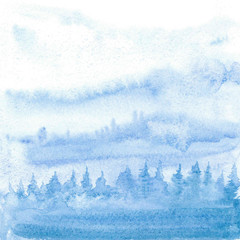 Winter forest in a fog. Watercolor iilustration.
