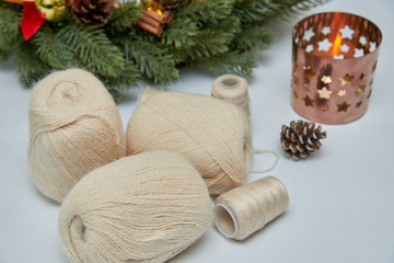 Fototapeta na wymiar balls of wool and New Year's decor