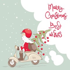 Santa on a scooter with a Christmas tree and gifts. Vector illustration, postcard.