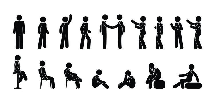 stick figure people icon, pictogram man, isolated human silhouette, people stand, sit, go