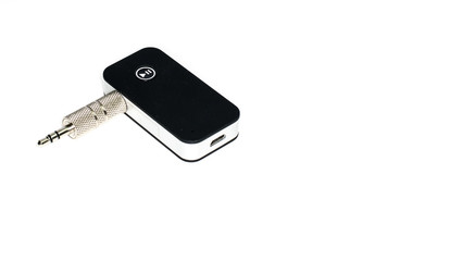Perth, Scotland - 4 November 2019: AUX, Bluetooth Receiver music player, audio black color with...