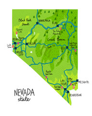 Map of Nevada state of the USA, with landmarks