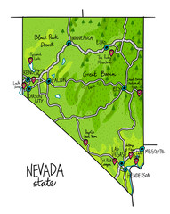 Map of Nevada state of the USA, with landmarks