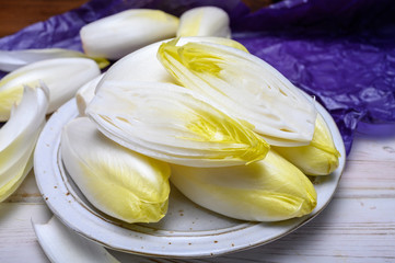 Fresh white belgian endive or chicory heads