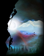 Mountain climbers cartoon characters in the real world silhouette art photo manipulation